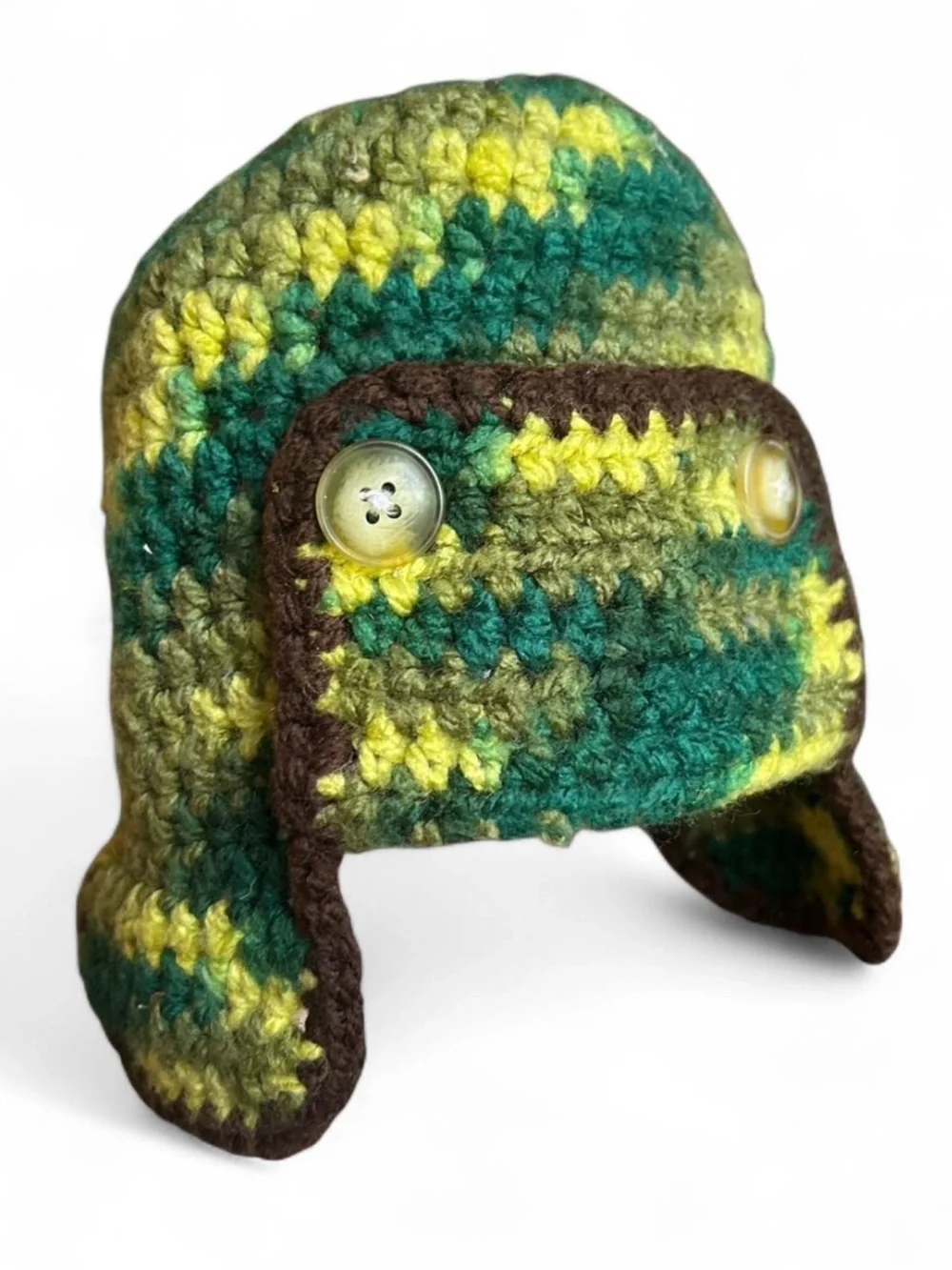 Handmade Crocheted Earflap Hat in Green & Yellow